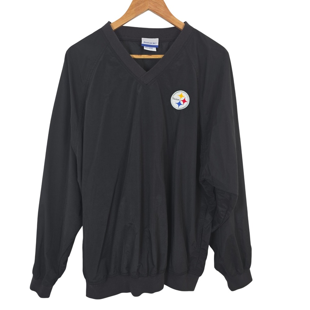 Reebok Pittsburgh Steelers NFL Pullover Windshirt Black Mens XL V-Neck Nylon